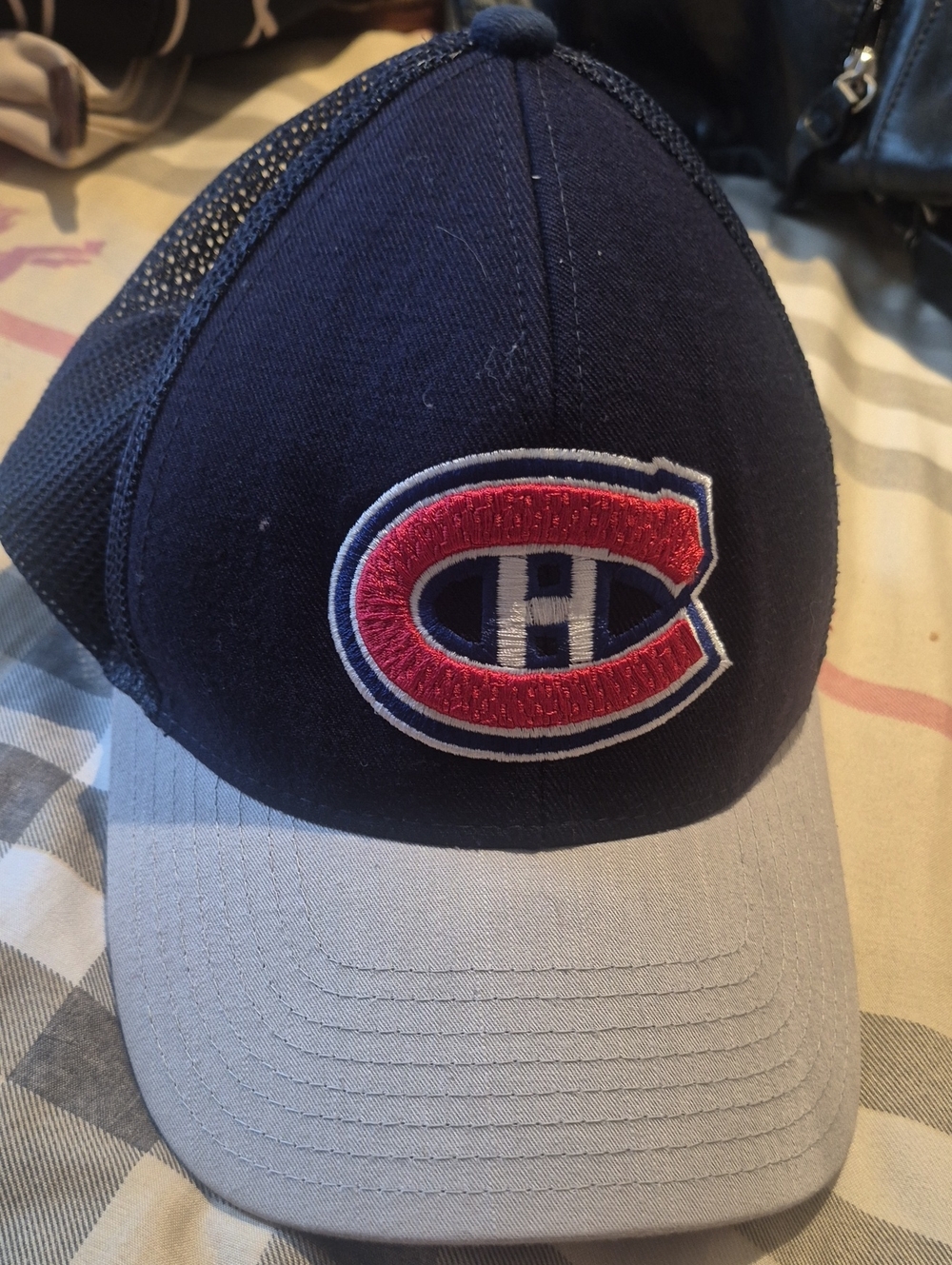 Hockey Navy and Gray Trucker Hat with Red Emblem